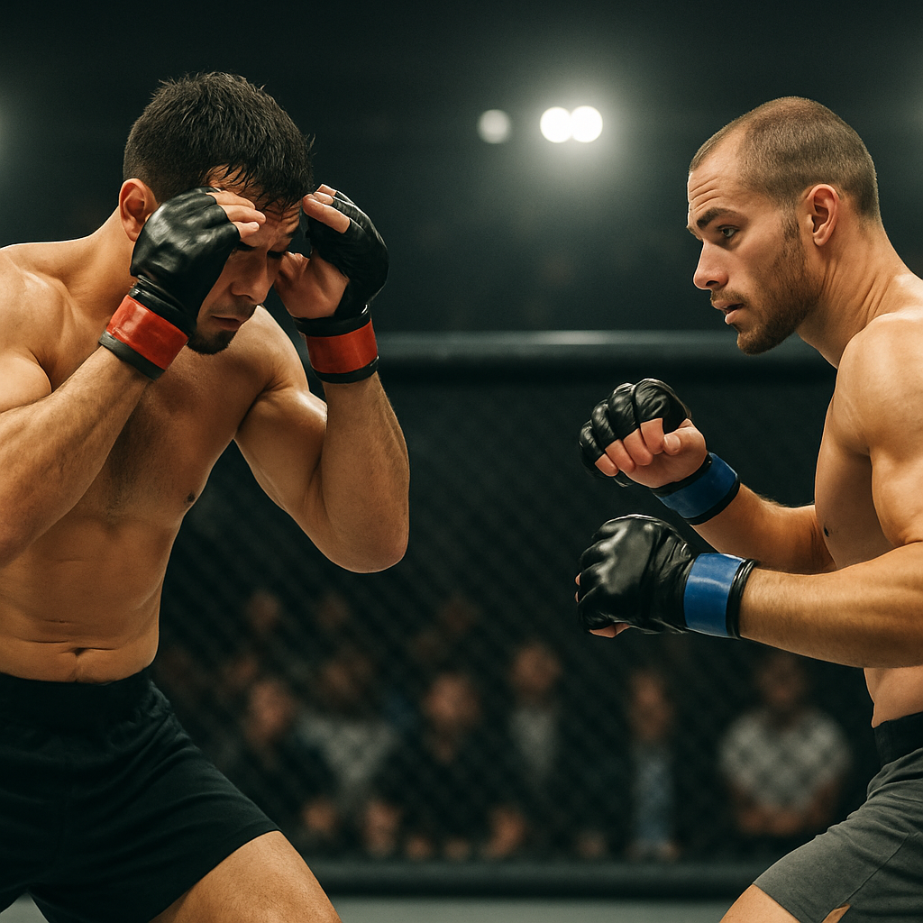 Two MMA fighters cautiously circle each other inside a cage, highlighting the tactical matchup