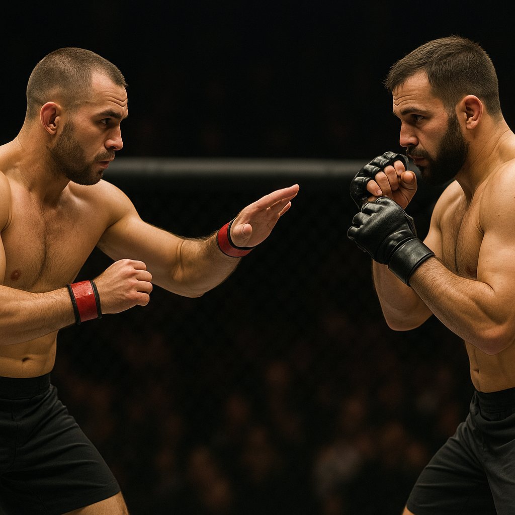 Two MMA fighters cautiously assess distance and defense inside a cage, illustrating tactical choices