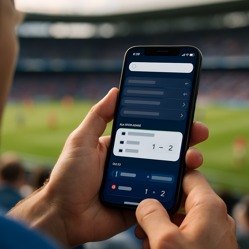 A sports fan checks a smartphone showing generic recent-search suggestions, live match indicators and